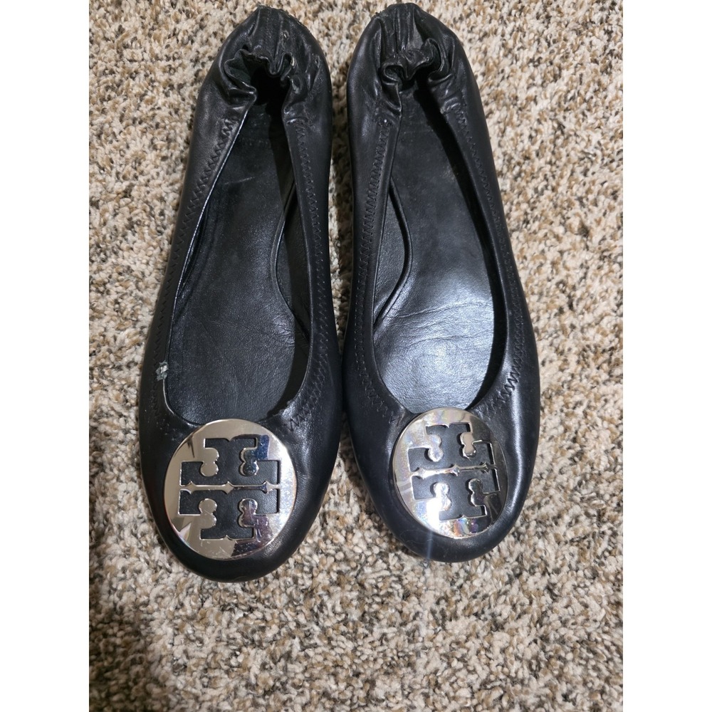 Tory Burch Reva Ballet Flats Black Leather Logo‎ Medallion Women's 8.5/9 READ